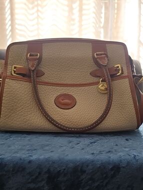 Dooney & Bourke Cream Pebbled Leather Satchel with Tan Trim